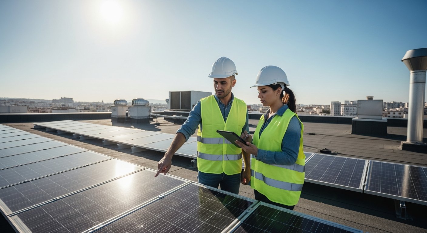 Solencia engineers on a rooftop solar installation