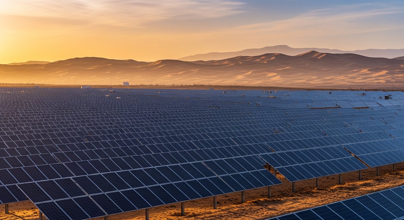 Solar farm at sunset in Tunisia